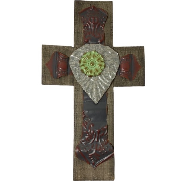Large Wood Cross Metal Art Beautiful Statement Decor Distressed Vintage Inspired - Picture 1 of 13